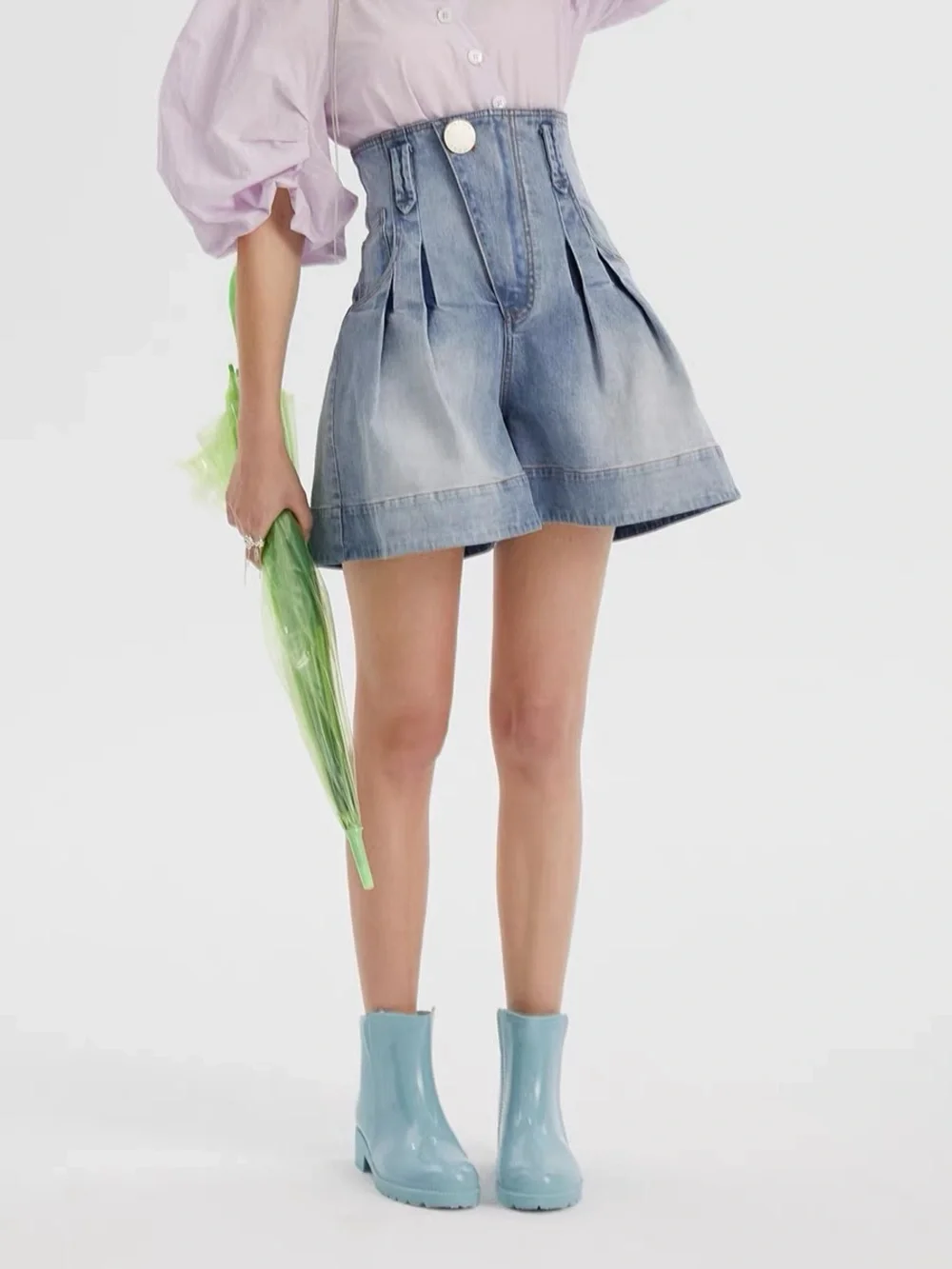 N·MORE Designer High Waisted Asymmetric Pleated Denim Shorts L
